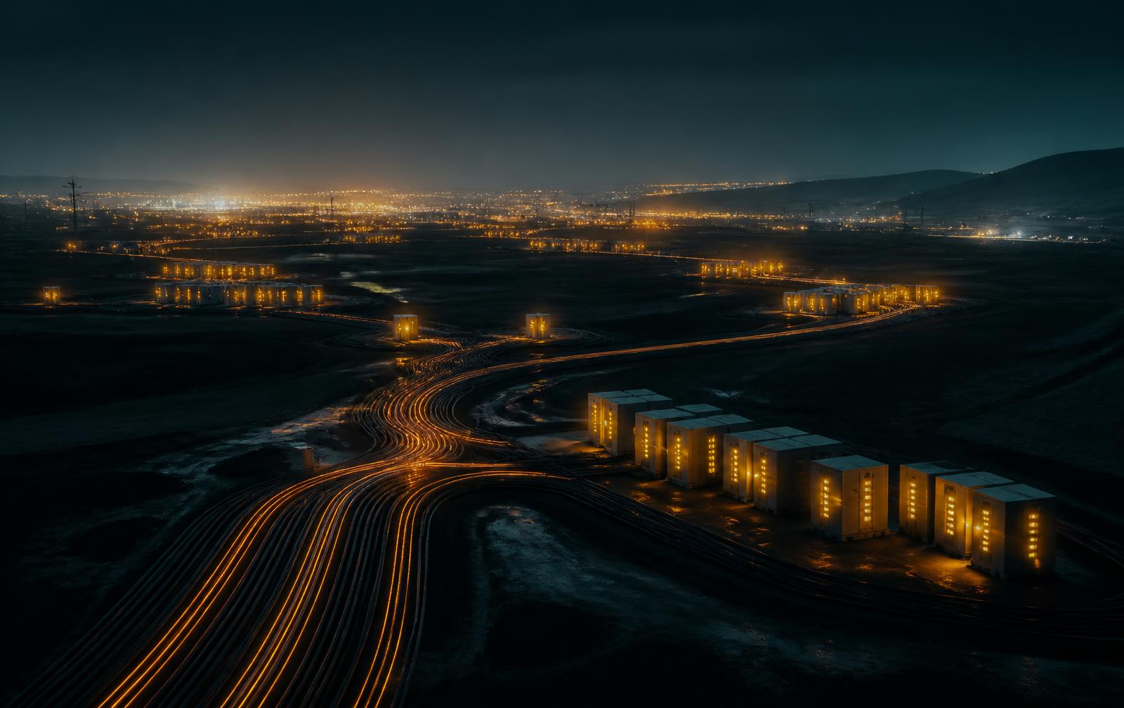 Night aerial view of automated infrastructure and machine-to-machine data corridors