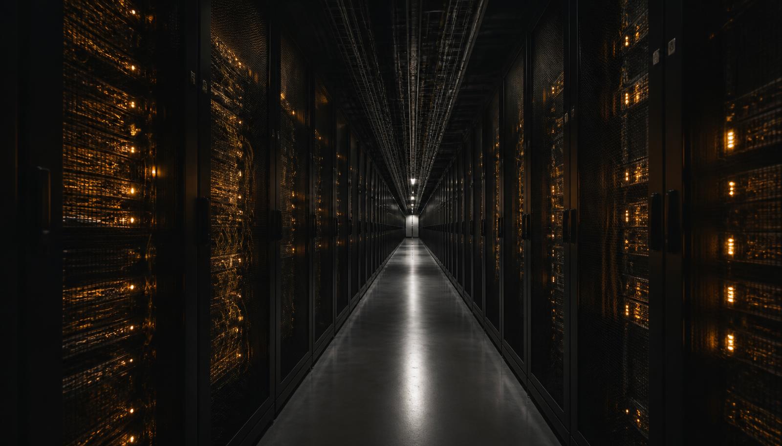 A dark data center corridor lined with racks